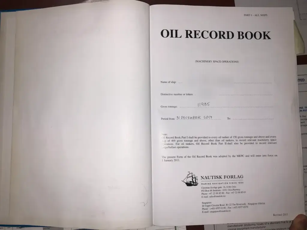 Oil Record Book Part I cover page for machinery space operations, with the MARPOL note that oil tankers of 150 GT and other ships of 400 GT and above must carry it