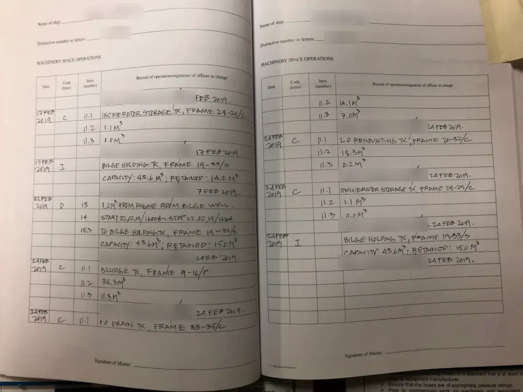 Handwritten Oil Record Book Part I entries: code C sludge tank inventories under items 11.1 to 11.3, code D bilge well transfer to the bilge holding tank, and code I holding tank capacity and retained quantity